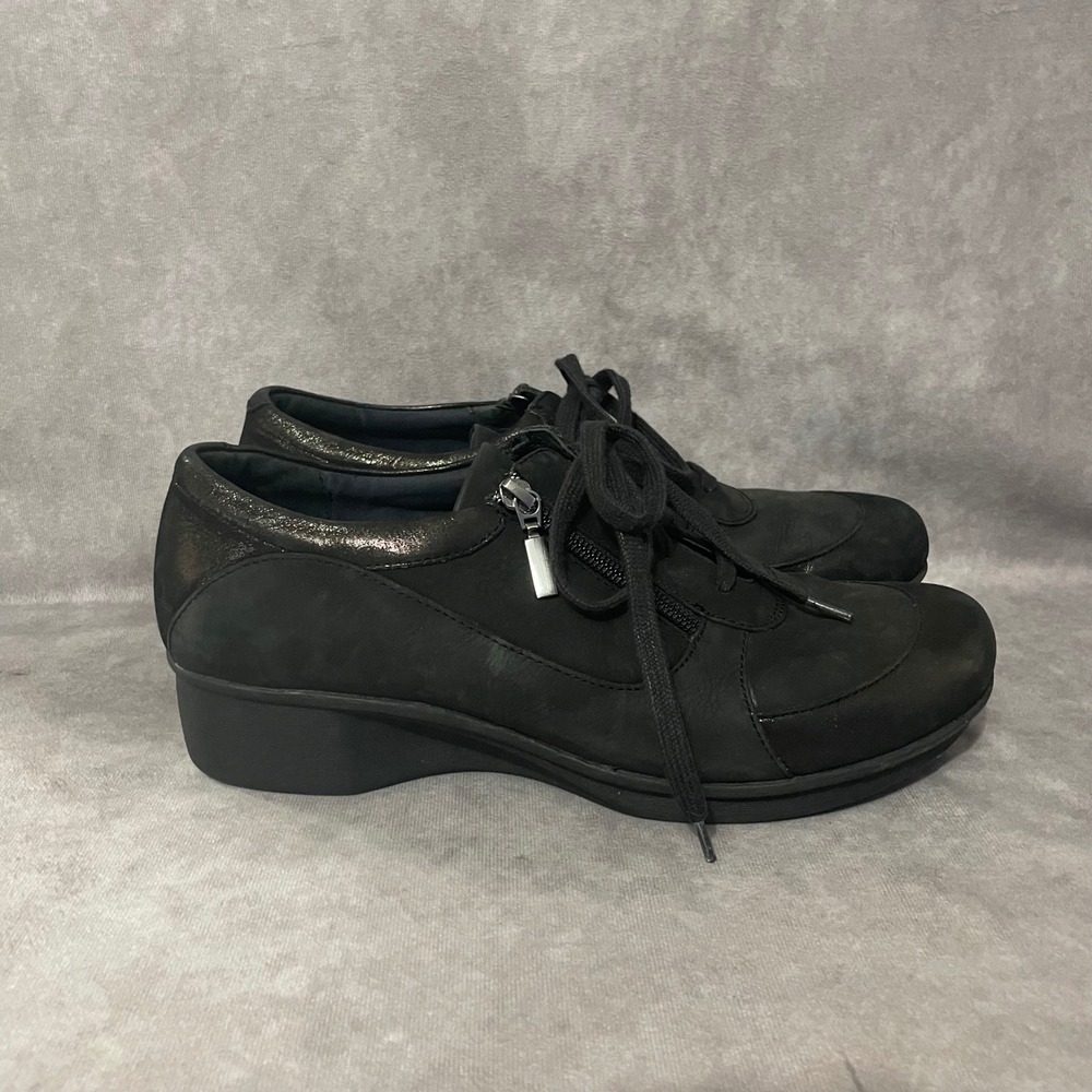 Dansko Hazel Black Leather Lace Up Comfort Shoes Womens EU 42 US 11.5 Side Zip‎